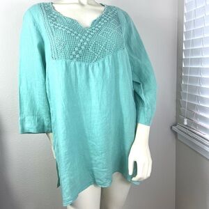G Italian Sea Foam Green Med Linen 3/4 Sleeve Tunic Embroidered Bib Collar Beach